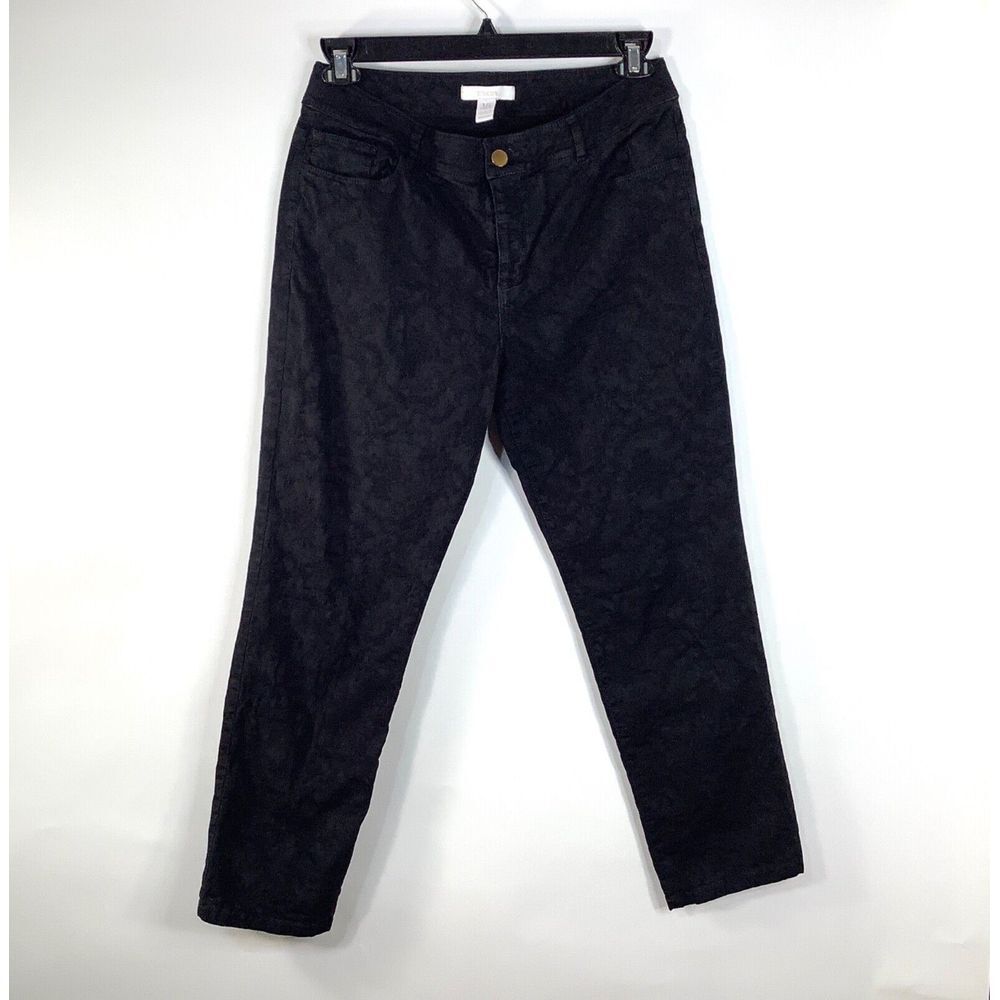 Womens Chicos Textured Floral Embossed Pants size 1.5 Stretch Black Straight Leg